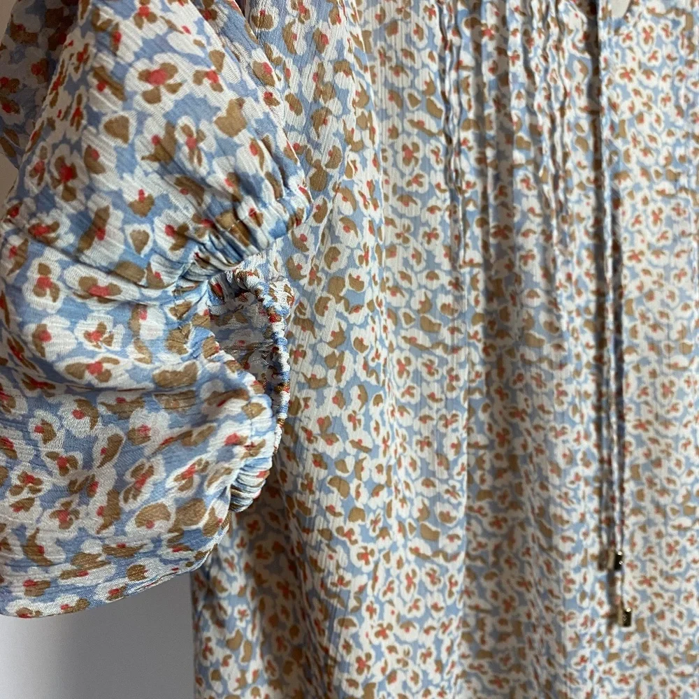 Tommy Hilfiger Womenʻs 3/4 Sleeve Pleated Tan | Blue Floral Lined Blouse XL